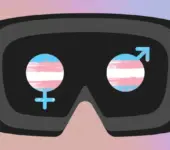 Illustration representing VR T-Girl Porn, showing a VR headset with male and female gender symbols in transgender flag colors inside the lenses.
