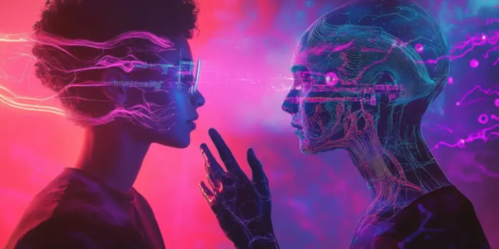 Futuristic digital artwork showing a human and an AI figure connected through neon VR light, symbolizing the evolution of T-Girl VR porn and virtual intimacy.
