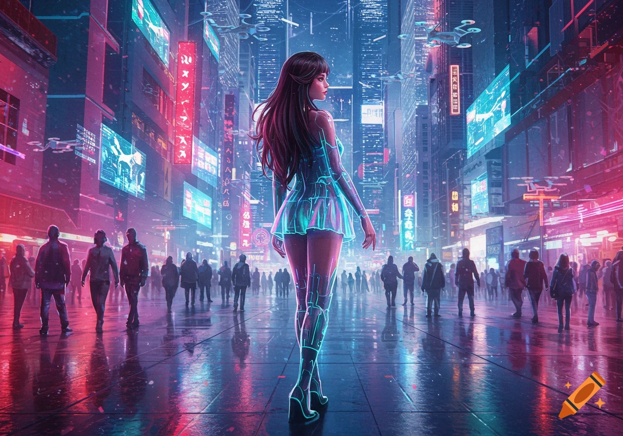 Futuristic neon city scene featuring a feminine figure walking among digital lights, symbolizing the advanced technology and immersion of VR T-Girl Porn.
